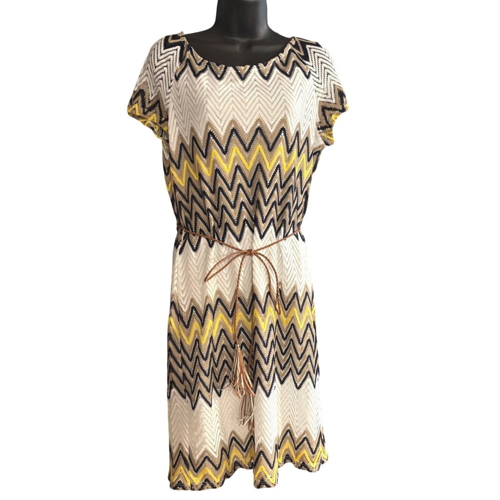 Tacera Womens Chevron Crochet Lace Dress Tassel Belt Yellow Navy PXL 4753P-1226K